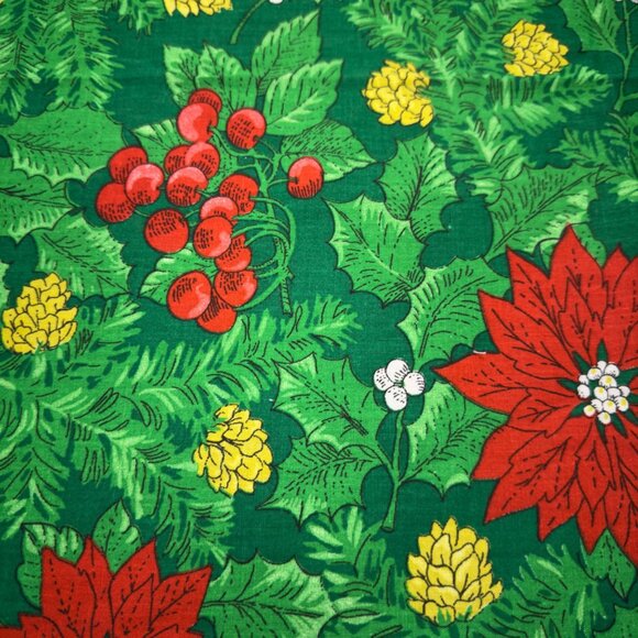 Vintage MCM Christmas Poinsettia Holly Fabric Tablecloth 70"x50" Rectangle - Picture 5 of 8